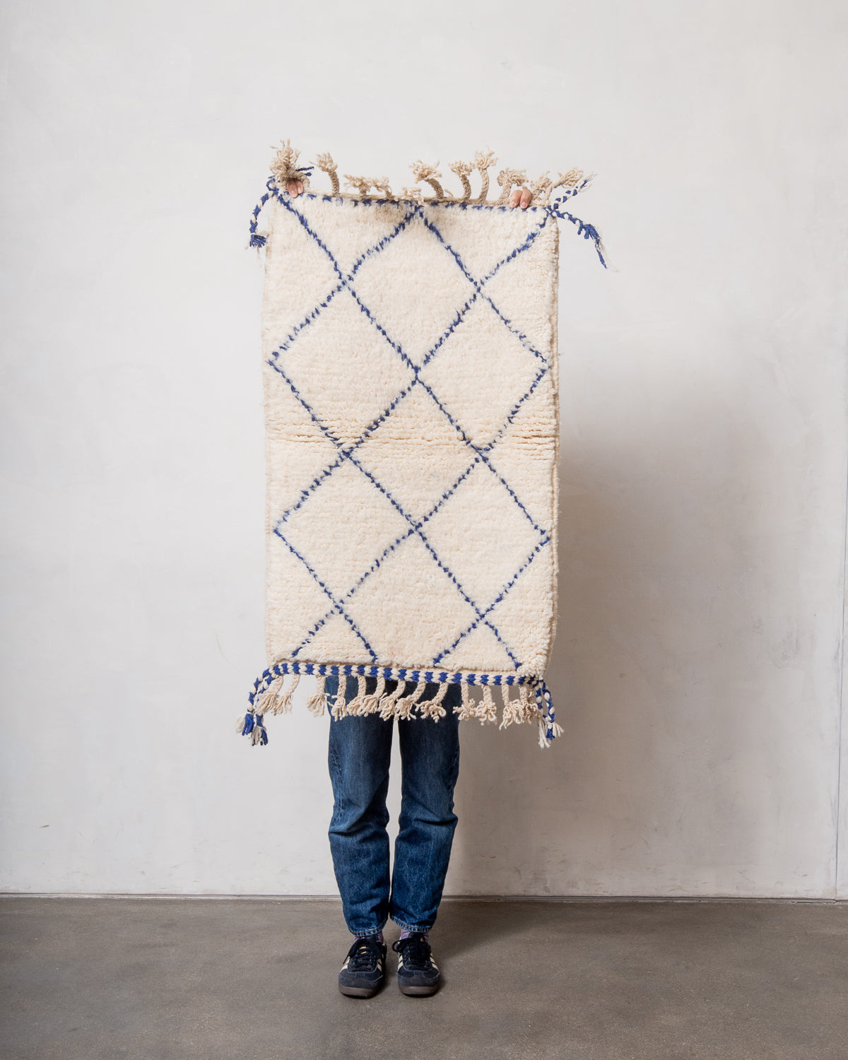 Modern, designer, handcrafted Berber rug from Morocco. Beniourain carpet with beautiful colours and patterns and fluffy wool texture.